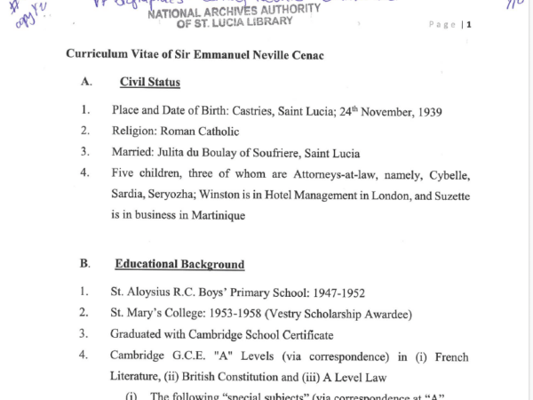 Curriculum Vitae of Sir Emmanuel Neville Cenac